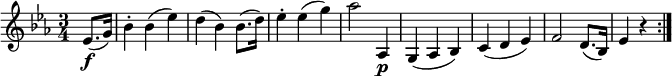  { \relative es' { \key es \major \time 3/4\partial 4 es8.( \f g16) | bes4-. bes( es) | d4( bes) bes8.( d16) | es4-. es( g) | as2 as,,4 \p |g4( as bes) | c4( d es) | f2 d8.( bes16) | es4 r \bar ":|." }} 