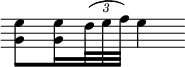 \relative e' { \override TupletBracket #'direction = #UP \override TupletBracket.bracket-visibility = ##f \override Staff.Clef #'stencil = ##f \override Staff.TimeSignature #'stencil = ##f <g e'>8[<g e'>16 \tuplet 3/2 { d'32( e f)] } e4 }