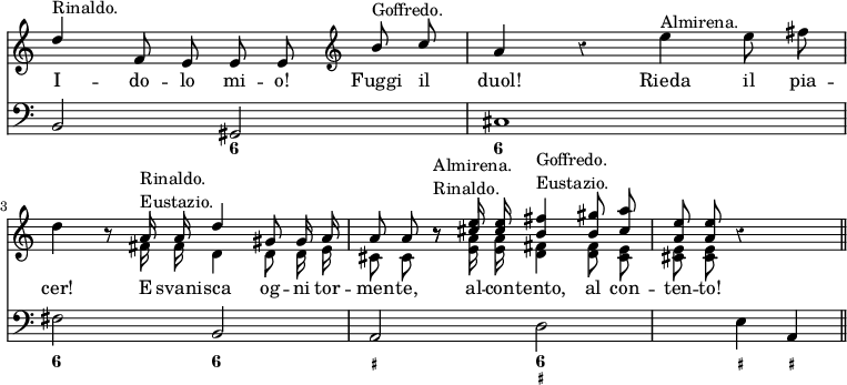 << \new Staff { \key a \minor \override Score.Rest #'style = #'classical \override Score.TimeSignature #'stencil = ##f \time 4/4 << \new Voice = "Solo" \relative d'' { \autoBeamOff \stemUp d4^"Rinaldo." f,8 e e e \clef treble b'^"Goffredo." c | a4 r \clef treble \stemDown e'4^"Almirena." e8 fis | d4 r8 \clef treble \stemUp a16^\markup { \column { Rinaldo. Eustazio. } } a d4 gis,8 gis16 a | a8 a r^\markup { \column { Almirena. Rinaldo.} } \clef treble <cis e>16 q <b fis'>4^\markup { \column { Goffredo. Eustazio. } } <b gis'>8 <cis a'> | <a e'> q r4 s \bar "||" }
\new Voice \relative f' { \autoBeamOff \stemDown s1 s s4 s8 fis16 fis d4 d8 d16 e | cis8 cis r <e a>16 q <d fis>4 q8 <cis e> | q q } >> }
\new Lyrics \lyricsto "Solo" { I -- do -- lo mi -- o! Fuggi il duol! Rieda il pia -- cer! E svani -- sca og -- ni tor -- men -- te, al -- con -- tento, al con -- ten -- to! }
\new Staff { \clef bass \key a \minor \relative b, { b2 gis | cis1 | fis2 b, | a d s4 e a, } }
\figures { < _ >2 <6> <6>1 <6>2 <6> <_+> <6 _+> < _>4 <_+> <_+> } >>