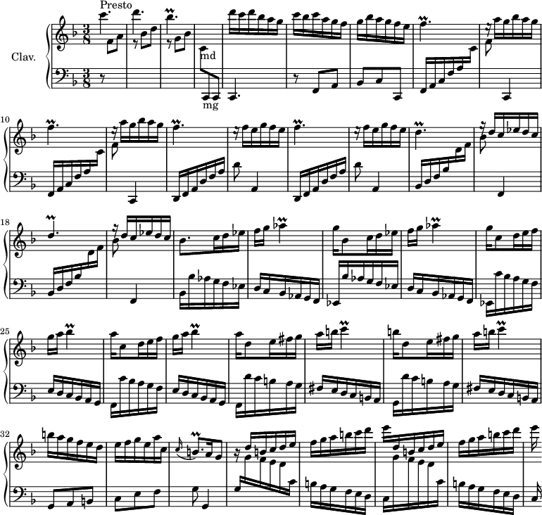 
\version "2.18.2"
\header {
 tagline = ##f
 % composer = "Domenico Scarlatti"
 % opus = "K. 367"
 % meter = "Presto"
}

%% les petites notes
trillFp = { \tag #'print { f4.\prall } \tag #'midi { g32 f g f~ f4 } }
trillDp = { \tag #'print { d4.\prall } \tag #'midi { e32 d e d~ e4 } }
trillBesp = { \tag #'print { bes4.\prall } \tag #'midi { c32 bes c bes~ bes4 } }
trillDEesp = { \tag #'print { d4.\prall } \tag #'midi { ees32 d ees d~ d4 } }
trillAes = { \tag #'print { aes4\prall } \tag #'midi { bes32 aes bes aes~ aes8 } }
trillBes = { \tag #'print { bes4\prall } \tag #'midi { c32 bes c bes~ bes8 } }
trillC = { \tag #'print { c4\prall } \tag #'midi { d32 c d c~ c8 } }
trillBqp = { \tag #'print { b8.\prall } \tag #'midi { c32 b c b~ b16 } }


upper = \relative c'' {
 \clef treble 
 \key f \major
 \time 3/8
 \tempo 4. = 72
 \set Staff.midiInstrument = #"harpsichord"

 s8*0^\markup{Presto}
 c'4. d \trillBesp | s4. | d16 c d bes a g |
 % ms. 6
 c bes c a g f | g bes a g f e | \trillFp | \repeat unfold 2 { e16\rest a16 g bes a g | \trillFp }
 % ms. 12
 e16\rest f16 e g f e | \trillFp | e16\rest f16 e g f e | \trillDp | \stemUp g16\rest d16 c ees d c |
 % ms. 18
 \trillDEesp | \stemUp g16\rest d16 c ees d c \stemNeutral | bes8. c16 d ees | f g \trillAes | g16 bes,8 c16 d ees | f g \trillAes |
 % ms. 24
 g16 c,8 d16 e f | g a \trillBes | a16 c,8 d16 e f | g a \trillBes | a16 d,8 e16 fis g | a b \trillC
 % ms. 30
 b16 d,8 e16 fis g | a b \trillC | b16 a g f e d | e f g e a c, | \appoggiatura c16 \trillBqp \tempo 4. = 42 a16 \tempo 4. = 30 g8 \tempo 4. = 72 | \stemUp r16 d'16 b c d e |
 % ms. 36
 \stemNeutral f16 g a b c d \stemDown | e \stemUp d, b c d e | \stemNeutral f g a b c d | \stemDown e 

}

lower = \relative c' {
 \clef bass
 \key f \major
 \time 3/8
 \set Staff.midiInstrument = #"harpsichord"

 % ************************************** \appoggiatura a16 \repeat unfold 2 { } \times 2/3 { } \omit TupletNumber 
 r8 \stemDown \change Staff = "upper" f8 a | r8 bes8 d | r8 g,8 bes | c,8-\markup{md} \stemUp \change Staff = "lower" c,,-\markup{mg} c| c4. 
 % ms. 6
 r8 f8 a | bes c c, | \repeat unfold 2 { f16 a c f a \stemDown \change Staff = "upper" c | f8 \stemUp \change Staff = "lower" c,,4 } \stemNeutral | 
 % ms. 12
 \repeat unfold 2 { d16 f a d f a | d8 a,4 } | \repeat unfold 2 { \stemUp bes16 d f bes \stemDown \change Staff = "upper" d f |
 % ms. 18
 bes8 \stemNeutral \change Staff = "lower" f,,4 } | bes16 \repeat unfold 2 { bes' aes g f ees | d c bes aes g f |
 % ms. 24
 ees16 } \repeat unfold 2 { c'' bes a g f | e d c bes a g | f } d'' c b a g | fis e d c b a | g d'' c b a g | fis e d c b a |
 % ms. 30
 g8 a b | c e f | g g,4 | % d'' c b a g | fis e d c b a |
 % ms. 36
 \stemUp g'16 \repeat unfold 2 { \stemDown \change Staff = "upper" g' f e d \change Staff = "lower" c \stemNeutral | b a g f e d | c } 

}

thePianoStaff = \new PianoStaff <<
 \set PianoStaff.instrumentName = #"Clav."
 \new Staff = "upper" \upper
 \new Staff = "lower" \lower
 >>

\score {
 \keepWithTag #'print \thePianoStaff
 \layout {
 #(layout-set-staff-size 17)
 \context {
 \Score
 \override TupletBracket.bracket-visibility = ##f
 \override SpacingSpanner.common-shortest-duration = #(ly:make-moment 1/2)
 \remove "Metronome_mark_engraver"
 }
 }
}

\score {
 \keepWithTag #'midi \thePianoStaff
 \midi { }
}
