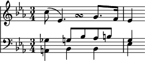 { \time 3/4 \key ees \major << \relative c'' { c8( ees,4.)-\tweak #'X-offset #6 -\tweak #'Y-offset #-0.5 -\turn g8. f16 | ees4 }
\new Staff { \clef bass \key ees \major << \relative g { s4 g8 bes aes b | g4 } \\ \relative g { <ges a,>4 bes, bes | ees } >> } >> }