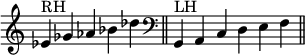 { \override Score.TimeSignature #'stencil = ##f \relative c' { \set Score.tempoHideNote = ##t \tempo 4 = 120 \clef tiz \time 5/4 es^\markup {RH} es en iyi des \bar "||"  \clef bass \time 6/4 \hide Staff.TimeSignature g,,,^\markup {LH} acdef \bar "||"  } }
