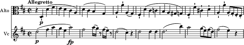 
 <<
\new Staff \with { instrumentName = #"Alto "}
\relative c {
    \version "2.18.2"
    \key d \major 
    \tempo "Allegretto"
    \time 2/2
    \tempo 4 = 170
    \clef "alto"
    r4 d-! \p d' (fis e d cis a)
    d (cis b g)
    a-! a'-! a, (g)
    fis-! d' (cis c b a gis g)
    fis-! fis'-! cis!-! d-!
    a-! a'-! a,8-. g-. fis-. e-. 
}
\new Staff \with { instrumentName = #"Vc "} \relative c'' {
    \clef "bass"
    \key d \major 
    \time 2/2
    \clef "treble" d2\p (fis4 a g e a2\fp)
    fis2 a16 (g) r8 fis16 (e) r8
    d2 (cis4) r4
    d2 d4 d
    d2. (b'4)
    a2 g8 (e) fis (d)
    fis2 (e4) r4
}
>>

