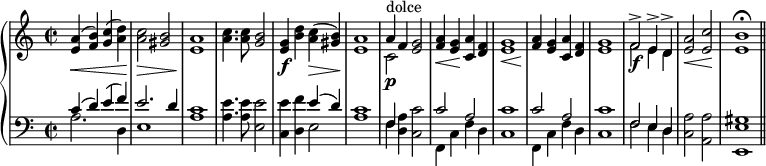 
\new PianoStaff <<
\new Staff { 
  \time 2/2
  \relative e' {
  <e a>4\<^( <f b>) <g c>^( <a d>\!) | <a c>2\> <gis b> |
  <a e>1\! | <a c>4. q8 <g b>2 |
  <g e>4\f <b d> <a c>\>^( <gis b>\!) | <e a>1 |
  << { a4 f } \\ { c2\p^"dolce" } >> <e g> | 
  <f a>4\< <e g>\! <c a'> <d f> | <e g>1\< |
  <f a>4\! <e g> <c a'> <d f> | <e g>1 |
  << { f2^>\f e4^> d^> } \\ { f2 e4 d } >> |
  <e a>2\< <e c'>2\! | <e b'>1\fermata \bar "||"
} }
\new Staff {
  \clef bass
  \relative c' {
  << { c4^( d) e^( f) | e2. d4 } \\ { a2. d,4 e1 } >> | <a c>1 |
  <a e'>4. q8 <e e'>2 |
  <c e'>4 <d f'> << { e'( d4) } \\ { e,2 } >> | <a c>1 |
  << { f4 } \\ { f } >> <a d,>4 <c c,>2 | 
  \repeat unfold 2 { << { c2 a2 c1 } \\ { f,,4 c' f d c1 } >> } |
  << { f2 e4 d } \\ { f2 e4 d } >> | <c a'>2 <a a'>2 | <e e' gis>1  
} }
>>
