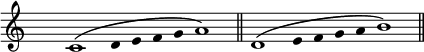 
\relative c'{
\override Staff.TimeSignature #'transparent = ##t
\override Score.NonMusicalPaperColumn #'padding = #1
\time 12/4
c1^\( 
\override Stem #'stencil = ##f 
\override Stem #'length = #0 
d4 e f g 
\override Stem #'stencil = ##t 
\override Stem #'length = #3.5
a1\) \bar "||"  
d,1^\(
\override Stem #'stencil = ##f
\override Stem #'length = #0  
e4 f g a 
\override Stem #'stencil = ##t 
\override Stem #'length = #3.5
b1\) \bar "||"
}
