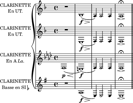 
\version "2.16.0"

\header {
  % Supprimer le pied de page par défaut
  tagline = ##f
}

\layout {
  indent = 22 \mm
  \context {
    \Score
    \remove "Bar_number_engraver"
  }
}

global = {
  \key f \major
  \time 4/4
}

clarinetI = \relative c' {
  \global
  R1
  bes\f\>(
  a4)\! a2 a4
  a1\fermata\espressivo
  \bar "||"
}

clarinetII = \relative c {
  \global
  R1
  e1\f\>(
  f4)\! f2 f4
  f1\fermata\espressivo
  \bar "||"
}

aClarinet = \relative c {
  \transpose a c {\global}
  \transposition a
  f1(\p\<
  e)\f(
  f4) f2 f4
  f1\fermata\espressivo
  \bar "||"
}

clarinetIII = \relative c' {
  \transpose bes c {\global}
  \transposition bes
  R1
  a\f\>(
  e4\!) e2 e4
  e1\fermata\espressivo
  \bar "||"
}

clarinetIPart = \new Staff \with {
  instrumentName = \markup {\center-column{ CLARINETTE \line {En UT.} } }
  midiInstrument = "clarinet"
} \clarinetI

clarinetIIPart = \new Staff \with {
  instrumentName = \markup {\center-column{ CLARINETTE \line {En UT.} } }
  midiInstrument = "clarinet"
} \clarinetII

aClarinetPart = \new Staff \with {
  instrumentName = \markup {\center-column{ CLARINETTE \line {En A \italic La.} } }
  midiInstrument = "clarinet"
} \aClarinet

clarinetIIIPart = \new Staff \with {
  instrumentName = \markup {\center-column{ CLARINETTE \line {Basse en SI\flat} } }
  midiInstrument = "clarinet"
} \clarinetIII

\score {
  \new GrandStaff <<
    \clarinetIPart
    \clarinetIIPart
    \aClarinetPart
    \clarinetIIIPart
  >>
  \layout { }
  \midi {
    \tempo 4=100
  }
}
