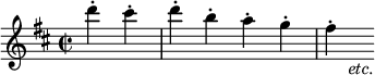 
\language "italiano"
melody = \relative do''' {
  \time 2/2
  \key re \major
  \partial 2 re4-. dod-. | re-. si-. la-. sol-. | fad-._\markup { \hspace #3 { \italic "etc." }}
}
\score {
  <<
    \new Voice = "mel" { \autoBeamOff \melody }
  >>
  \layout {
    \context { \Staff \RemoveEmptyStaves }
    \context { \Score \override SpacingSpanner.base-shortest-duration = #(ly:make-moment 1/16) }
    indent = 0\cm
    line-width = #120
    \override Score.BarNumber #'stencil = ##f
  }
  \midi { }
}
\header { tagline = ##f}
