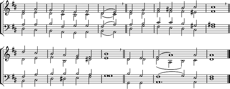 
\new ChoirStaff <<
  \new Staff { \clef treble \time 4/2 \key d \major \partial 1 \set Staff.midiInstrument = "church organ" \omit Staff.TimeSignature \set Score.tempoHideNote = ##t \override Score.BarNumber  #'transparent = ##t 
  \relative c'
  << { fis2 a | g fis e fis | d( e) \breathe \bar"||"
       fis g | a ais b cis | cis1 \breathe \bar"||" \break
       d2 cis | b a g fis | b1 \breathe \bar"||"
       d,2 e | fis( a1) 2 | 1 \bar"|." } \\
  { d,2 e | d cis b cis | d( cis) d d | fis fis fis eis | fis1
    d2 e | fis b, e dis | e1 d2 d | d( a b) cis | d1 } >>
  }
\new Staff { \clef bass \key d \major \set Staff.midiInstrument = "church organ" \omit Staff.TimeSignature 
  \relative c'
  << { a2 a | b fis g g | fis( a) a b | cis cis b gis | ais1
       fis2 ais | b b b a | g1 b2 g | fis1( g2) e | fis1 } \\
  { d2 cis | b a g a | b( a) d g | fis e d cis | fis1
    b,2 cis | d dis e fis | g1 g,2 g | a1. 2 | d1 } >>
  } 
>>
\layout { indent = #0 }
\midi { \tempo 2 = 76 }
