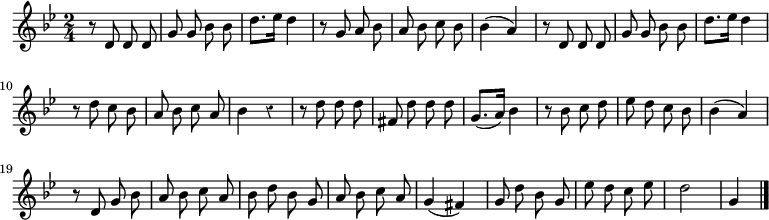 
\relative c' {
  \override Rest #'style = #'classical
  \key g \minor
  \time 2/4
  \autoBeamOff
  r8 d d d
  g g bes bes
  d8.[ ees16] d4
  r8 g, a bes
  a bes c bes
  bes4( a)
  r8 d, d d

  g g bes bes
  d8.[ ees16] d4
  r8 d c bes
  a bes c a
  bes4 r
  r8 d d d
  fis, d' d d
  g,8.[( a16]) bes4
  r8 bes c d

  ees d c bes
  bes4( a)
  r8d, g bes
  a bes c a
  bes d bes g
  a bes c a
  g4( fis)
  g8 d' bes g
  ees' d c ees
  d2
  g,4
  \bar "|."
}
