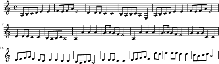 \relative c' { a8 b c d e4 e f8 e f a e2 d4 d8 d c4 c b8 a b c a4 e a8 b c d e4 e f8 e f a e2 d4 d8 d c4 c b8 a b c a2 a4 a' a a g8. a16 g8 f e2 a,4 a' a a g8. a16 g8 f e2 g4 g8 g c,4 c d8 e f g e4 d8 c d4 d c c b8 a b c a2 d4 d8 d c4 c d8 e f g e4 d'8 c d4 d8 d c4 c b8 a b c a2}