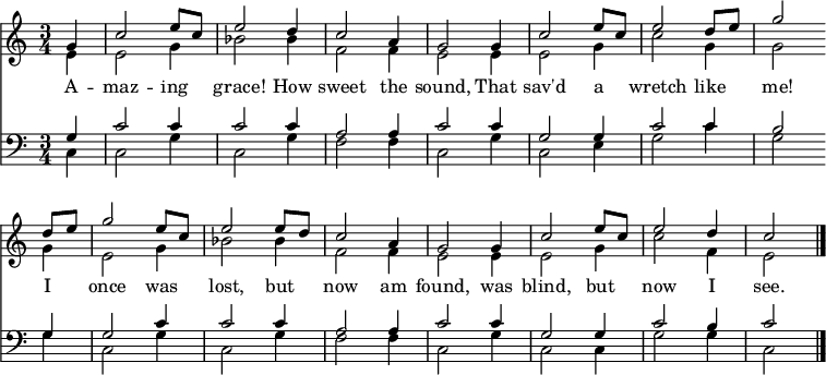 
<< <<
\new Staff { \clef treble \time 3/4 \partial 4 \key c \major \set Staff.midiInstrument = "piano" 
  \set Score.tempoHideNote = ##t \override Score.BarNumber  #'transparent = ##t
  \relative c''
  << { g4 | c2 e8 c | e2 d4 | c2 a4 | g2 g4 | c2 e8 c | e2 d8 e | g2 \bar"" \break
  d8 e | g2 e8 c | e2 e8 d | c2 a4 | g2 g4 | c2 e8 c | e2 d4 | c2 \bar"|." } \\
  { e,4 | e2 g4 | bes2 bes4 | f2 f4 | e2 e4 | e2 g4 | c2 g4 | g2
  g4 | e2 g4 | bes2 bes4 | f2 f4 | e2 e4 | e2 g4 | c2 f,4 | e2 } >>
}
\new Lyrics \lyricmode {
A4 -- maz2 -- ing4 grace!2 How4 sweet2 the4 sound,2
That4 sav'd2 a4 wretch2 like4 me!2
I4 once2 was4 lost,2 but4 now2 am4 found,2
was4 blind,2 but4 now2 I4 see.2
}
\new Staff { \clef bass \key c \major \set Staff.midiInstrument = "piano" \relative c'
  << { g4 | c2 c4 | c2 c4 | a2 a4 | c2 c4 | g2 g4 | c2 c4 | b2
  g4 | g2 c4 | c2 c4 | a2 a4 | c2 c4 | g2 g4 | c2 b4 | c2 } \\
  { c,4 | c2 g'4 | c,2 g'4 | f2 f4 | c2 g'4 | c,2 e4 | g2 c4 | g2
  g4 | c,2 g'4 | c,2 g'4 | f2 f4 | c2 g'4 | c,2 c4 | g'2 g4 | c,2 } >>
}
>> >>
\layout { indent = #0 }
\midi { \tempo 4 = 80 }
