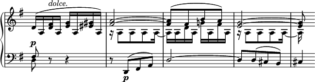 
 \relative c' {
  \new PianoStaff <<
   \new Staff \with { \remove "Time_signature_engraver" } { \key g \major \time 2/4
    <<
     {
      d16( a <fis' d>^\markup \italic dolce. a, <g' e> a, <gis' eis> a,) <a'~ fis~>2
      <a fis>8[( fis b a)] <g~ e~>2 <g e>8
     }
    \\
     {
      s2 a,16\rest a8 a a a16~ a a d a g'! a, fis' a, a\rest a8 a a a16~ a
     }
    >>
   }
   \new Staff \with { \remove "Time_signature_engraver" } { \key g \major \time 2/4 \clef bass
    <<
     { fis8^\p d\rest d4\rest d8\rest d,8\p[( fis a)] d2~ d8[ d( cis b)] cis4*1/4 }
    \\
     { d8 }
    >>
   }
  >>
 }
