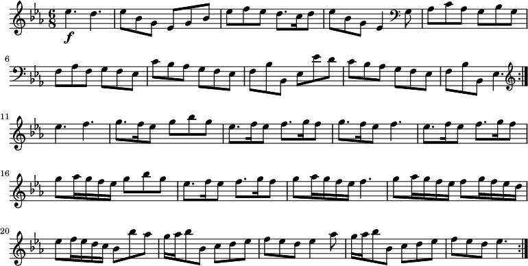 { \relative e'' { \key ees \major \time 6/8 
 ees4.\f d | ees8 bes g ees g bes | ees f ees d8. c16 d8 | %eol1
 ees bes g ees4 \clef bass g,8 | aes c aes g bes g |
 f aes f g f ees | c' bes aes g f ees | %eol2
 f bes bes, ees ees' d | c bes aes g f ees |
 f bes bes, ees4. \bar ":|." \clef treble ees''4. f | %eol 3
 g8. f16 ees8 g bes g | ees8. f16 ees8 f8. g16 f8 |
 g8. f16 ees8 f4. | ees8. f16 ees8 f8. g16 f8 | %eol 4
 g8 aes16 g f ees g8 bes g | ees8. f16 ees8 f8. g16 f8 |
 g8 aes16 g f ees f4. | %eol 5
 g8 aes16 g f ees f8 g16 f ees d | ees8 f16 ees d c bes8 bes' aes |
 g16 aes bes8 bes, c d ees | %eol 6
 f ees d ees4 aes8 | g16 aes bes8 bes, c d ees | f ees d ees4. \bar ":|." } }