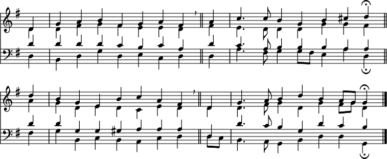 
<< <<
\new Staff { \clef treble \time 4/2 \key g \major \partial 4 \set Staff.midiInstrument = "church organ" \omit Staff.TimeSignature \set Score.tempoHideNote = ##t \override Score.BarNumber  #'transparent = ##t
  \relative c'
  << { d4 | g a b fis | g a fis \breathe \bar"||" 
       a | c4. 8 b4 g | b cis d \fermata \bar"||" \break
       d | b g e b' | c a fis \breathe \bar"||"
       d | g4. a8 b4 d | b a8 g g4 \fermata \bar"|." } \\
  { d4 | d fis g fis | e e d fis | e4. d8 4 4 | g g fis
    a | g d e d | c e d d | d4. fis8 g4 d | g fis8 g d4 } >>
}
\new Staff { \clef bass \key g \major \set Staff.midiInstrument = "church organ" \omit Staff.TimeSignature
  \relative c'
  << { d4 | d d d c | b c a d | c4. a8 b4 b | b a a 
       d | d g, g gis | a a a d, | d'4. c8 b4 g | d' c b } \\
  { d,4 | b d g d | e c d d | a'4. fis8 g4 g8 fis | e4 a d, \fermata
    fis | g b, c b | a c d d8 c | b4. a8 g4 b | d d g, \fermata } >>
}
>> >>
\layout { indent = #0 }
\midi { \tempo 4 = 104 }
