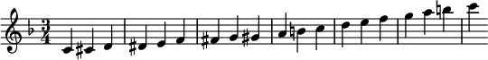 
\relative c' {
 \set Staff.midiInstrument = #"recorder"
 \clef treble \key f \major \time 3/4 
  c cis d dis e f fis g gis a b c d e f g a b c
}
