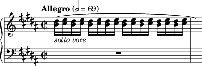 
\new PianoStaff << \new Staff = "W górę" << \new Głos \relative c' { \clef treble \tempo "Allegro" 2=69 \key gis \minor \time 2/2 <b' dis>16_\ markup{\italic sotto \italic voce} ([<cis e> <b dis> <cis e>] <b dis> <cis e> <b dis> <cis e> <b dis> [<cis e> < b dis> <cis e>] <b dis> <cis e> <b dis> <cis e> \hide r16) } >> \new Staff = "Down" << \new Głos \relative c{ \clef bass \key gis \minor R1 s16 } >> >>
