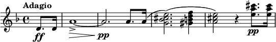 
\relative c' {
  \key d \minor
  \tempo "Adagio"
  \partial 4 d8.\ff d16 | a'1~->\> | a2.\pp\! a8. a16( | <e' cis bes g>2.)( <f d b gis>4 | <e cis a>2 ) r4 <cis' a e>8.\pp <cis a e>16
}
