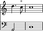 { \override Score.TimeSignature #'stencil = ##f \partial 2 << { d''4. c''8^"*" c''1 } \new Staff { \clef bass g,2 c1 } >> }