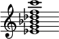 {
  % Rivin lopun pystyviiva ja tahtiosoitus piiloon.
  \override Score.BarLine.break-visibility = ##(#f #t #t)
  \override Staff.TimeSignature #'stencil = ##f
  
  <ees' g' bes' des'' f'' c'''>1
}
