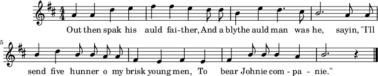 
music = {
    \language "english"
    {
        { \new PianoStaff <<
            { \new Staff <<
                \set Staff.midiInstrument = "violin"
                \relative c'' {
                    \autoBeamOff
                    \set Score.tempoHideNote = ##t \tempo 4 = 100
                    \key b \minor
                    \time 4/4 \numericTimeSignature
                    
                    \stemUp a4 a \stemDown d e |
                    fs fs e d8 d |
                    b4 e d4. cs8 |
                    \stemUp b2. a8 a |
                    
                    b4 \stemDown d \stemUp b8 b a a |
                    fs4 e fs e |
                    fs4 b8 b b4 a |
                    b2. r4 |
                    \bar "|."
                }
                \addlyrics {
                    Out then spak his auld fai -- ther,
                    And a blythe auld man was he,
                    sayin, "\"I'll" send five hun -- ner o my brisk young men,
                    To bear John -- ie com -- pa -- "nie.\""
                }
            >> }
        >> }
    }
}
\header {
    tagline = "" % no footer
}
\score {
  \music
  \layout { }
}
\score {
  \unfoldRepeats {
    \music
  }
  \midi { }
}
