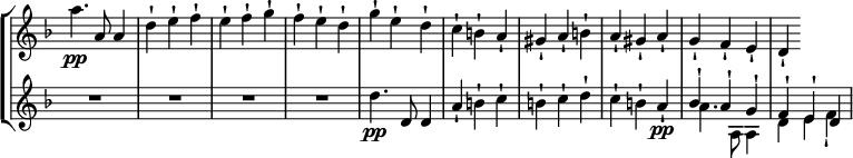 
\relative c'' {
\override Score.TimeSignature #'stencil = ##f
  \new StaffGroup <<
    \new Staff { \key d \minor \time 3/4 
      a'4.\pp a,8 a4 d-! e-! f-! e-! f-! g-! f-! e-! d-! g-! e-! d-! c-! b-! a-! gis-! a-! b-! a-! gis-! a-! g-! f-! e-! d-! |
    }
    \new Staff { \key d \minor \time 3/4 
      R2. R2. R2. R2. d'4.\pp d,8 d4 a'-! b-! c-! b-! c-! d-! c-! b-! a-!\pp << { bes-! a-! g-! f-! e-! d } \\ {a'4. a,8 a4 d e f-!} >>
    }
  >>
}
