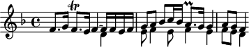 
\version "2.18.2"
\header {
  tagline = ##f
  % composer = "Johann Pachelbel"
  % opus = "Hexachordum Apollinis : Aria tertia"
  % meter = ""
}

\score {
<<
  \relative c' {
    \key f \major
    \time 4/4
    \override TupletBracket #'bracket-visibility = ##f 

     f8. g16 f8.\trill e16 
     << { f4~ f16 f e f | g8 a bes c16 bes a8.\prall g16 g4 | a8 g f4 } 
     \\ { s4 d4 | e8 f4 e8 f4 e | f8 e d4 } >> | 

  }
>>
  \layout {
     #(layout-set-staff-size 17)
     \context { \Score \remove "Metronome_mark_engraver" 
     \override SpacingSpanner.common-shortest-duration = #(ly:make-moment 1/2)
     }
  }
}
