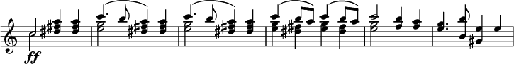 
\relative c'' \new Staff \with { \remove "Time_signature_engraver" } { \key a \minor \time 2/2 \set Score.tempoHideNote = ##t \tempo "" 4=165
 <<
  {
   c2\ff <a' fis  dis>4 q c4.( b8 <a fis dis>4) q c4.( b8 <a fis dis>4) q
   c4( b8 a) c4( b8 a) c2( <b f>4 <a f> <g e>4.( <b b,>8 <e, gis,>4 e
  }
 \\
  { c2 s <g' e> s <g e> s <g e>4 <fis dis> <g e> <fis dis> <g e>2 s }
 >>
}
