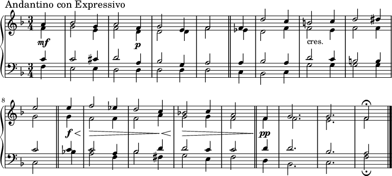 \new PianoStaff << \time 3/4 \new Staff \relative c' { \key f \major \partial 4 << { a'4 \mark "Andantino con Expressivo" bes2 g4 a2 f4 g2 e4 f2 } \\ { f4 \mf g2 e4 f2 d4 \p d2 d4 f2 } >> \bar "||" << { f4 d'2 c4 b2 c4 d2 dis4 e2 } \\ { ees,4 d2 f4 f2_\markup cres. e4 f2 f4 g2 } >> \bar "||" << { e'4 f2 ees4 d2 c4 bes!2 c4 a2 } \\ { g4 \f \< f2\!\> f4 f2 a4\!\< g2\!\> g4 f2 } >> \bar "||" << { f4 g2. g f2\fermata } \\ { f4\pp f2. e f2 } >> \bar "||" } \new Staff \relative c' { \key f \major \clef bass \partial 4 << { c4 c2 cis4 d2 a4 bes2 g4 a2 } \\ { f4 e2 e4 d2 d4 d2 d4 d2 } >> \bar "||" << { a'4 bes2 a4 d2 c4 b2 b4 c2 } \\ { c,4 bes2 c4 g'2 g4 g2 g4 c,2 } >> \bar "||" << { c'4 c2 a4 bes2 d4 d2 c4 c2 } \\ { bes!4 a2 f4 bes2 fis4 g2 e4 f2 } >> \bar "||" << { d'4 d2. bes a2 } \\ { d,4 bes2. c f2_\fermata } >> \bar "|." } >>