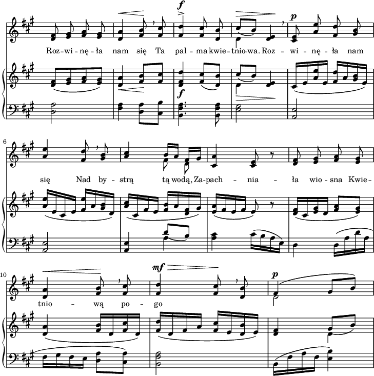 
sVarC = { <d, a'>2 <fis a>4 <d a'>8[<cis b'>] | <b fis' a>4. <b fis' a>8 | <e gis>2 | % w1
<a, e'> | <a e'> | <a e'>4 << { \voiceOne d'8_([b]) } \new Voice { \voiceTwo a4 } >> | \oneVoice <a cis> cis16([b a e]) | % w2
d4 d16([a' d a] | fis[gis fis e] <d a'>8[<cis a'>]) | <b fis' a>2 | b16([fis' a fis] <e b'>4) | }

sVarA = { <d fis>8 <e gis> <fis a> <e gis> | <d a'>4^\< <fis b>8\! \breathe <fis cis'> | <fis d'>4^>^\f <fis cis'>8 <d b'> | << { \voiceOne cis'^\>_([b]) } \new Voice { \voiceTwo d,4 } >> \oneVoice <d e>\! \breathe | % w1
<cis e>8^\p \stemUp <a' e'> <fis d'> <gis b> | <a e'>4 <fis d'>8 \breathe <gis b> | <a cis>4 \stemNeutral << { \voiceOne b16[a] fis[gis] } \new Voice { \voiceTwo \autoBeamOff fis8 d } >> | \oneVoice <cis a'>4 <cis e>8 r | % w2
<d fis> <e gis> <fis a> <e gis> | <d a'>4^\< <fis b>8\! \breathe <fis cis'> | <fis d'>4^\mf^\> <fis cis'>8\! \breathe <d b'> | << { \voiceOne fis4^\p( gis8[b]) } \new Voice { \voiceTwo d,2 } >> \oneVoice | }

lVarA = \lyricmode { Roz -- wi -- nę -- ła nam się Ta pal -- ma kwie -- tnio -- wa. Roz -- wi -- nę -- ła nam się Nad by -- strą tą wo -- dą, Za -- pach -- nia -- ła wio -- sna Kwie -- tnio -- wą po -- go -- }

sVarB = { <d fis>8([ <e gis> <fis a> <e gis>]) | <d a'>4_\< <fis b>8\![<fis cis'>] | <d fis d'>4_\f <fis cis'>8([<d b'>]) | << { \voiceOne cis'8_\>_([b]) } \new Voice { \voiceTwo d,4 } >> \oneVoice <d e>\! | % w1
cis16([e <a e'> e] <fis d'>[a <gis b> e]) | <a e'>([e cis e] <fis e'>[a <gis b> d]) | <a' cis>([cis, fis e] <fis b>[a <d, fis> gis]) | <e a>([fis e fis] e8) r | % w2
<d fis>16([cis <e gis> d] <fis a>8[<e gis>]) | <d a'>4( <fis b>16[d <fis cis'> d]) | <fis d'>([d fis a] <fis cis'>[e <d b'> e]) | <d fis>4 << { \voiceOne gis8_([b]) } \new Voice { \voiceTwo d,4 } >> \oneVoice | }

\paper { #(set-paper-size "a4")
 oddHeaderMarkup = "" evenHeaderMarkup = "" }
\header { tagline = ##f }
\version "2.18.2"
\score {
\midi {  }
\layout { line-width = #180
indent = 0\cm}
<<
  \new Staff { \clef "violin" \key a \major \time 2/4 \override Staff.TimeSignature #'transparent = ##t \autoBeamOff \relative c' { \sVarA } }
  \addlyrics { \small \lVarA }
  \new PianoStaff <<
    \new Staff = "up" { \clef "violin" \key a \major \time 2/4 \override Staff.TimeSignature #'transparent = ##t \relative e' { \sVarB } }
    \new Staff = "down" { \clef "bass" \key a \major \time 2/4 \override Staff.TimeSignature #'transparent = ##t \relative c' { \sVarC } }
  >>
>> }