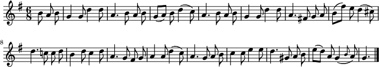 
\relative c'' {
  \key g \major
  \time 6/8
  \partial 4.
  \autoBeamOff
  b8 a b
  g4 g8 d'4 d8
  a4. b8 a b
  g[( a]) b d4( c8)
  a4. b8 a b
  g4 g8 d'4 d8
  a4. fis!8 g a
  b[( fis']) e d4( cis8)

  d4. c!8 c d
  b4 d8 c4 d8
  a4. g8 fis g
  a4 a8 d4( c8)
  a4. g8 a b
  c4 c8 e4 e8
  d4. gis,8 a b
  e[( d]) a
  g4( \grace b8 a)
  g4.
  \bar "|."
}
