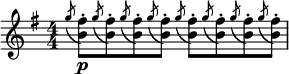   \relative c'' { \clef treble \numericTimeSignature \time 4/4 \key g \major \slashedGrace { g'8( } <fis b,>8-.)\p \slashedGrace { g( } <fis b,>-.) \slashedGrace { g( } <fis b,>-.) \slashedGrace { g( } <fis b,>-.) \slashedGrace { g( } <fis b,>-.) \slashedGrace { g( } <fis b,>-.) \slashedGrace { g( } <fis b,>-.) \slashedGrace { g( } <fis b,>-.) } 