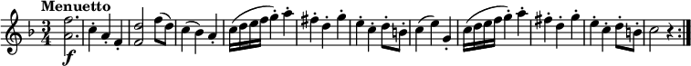 
\relative c' { 
   \version "2.18.2"
   \clef "treble" 
   \tempo "Menuetto" 
   \key f  \major
   \time 3/4
  <a' f'>2. \f 
  c4-. a-. f-.
  <f d'>2 f'8 (d)
  c4 (bes) a-.
  c16 (d e f g4-.) a-.
  fis-. d-. g-.
  e-. c-. d8-. b-.
  c4 (e) g,-.
  c16 (d e f g4-.) a-.
  fis-. d-. g-.
  e-. c-. d8-. b-.
  c2 r4 \bar ":|."
} 
