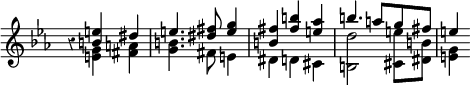 { \new Staff << \key ees \major \time 3/4 \override Score.Rest #'style = #'classical \override Score.TimeSignature #'stencil = ##f
\new Voice \relative e'' { \stemUp
 r4 <e b> dis | e4. <fis dis>8 <g e>4 |
 <fis b,> <b fis> <aes e> | b4. a8 g fis | e4 }
\new Voice \relative e' { \stemDown
 s4 <e g> <fis a> | <g b>4. fis8 e4 | dis d cis |
 <b d'>2 <cis e'>8 <dis b'> | <e g>4 } >> }