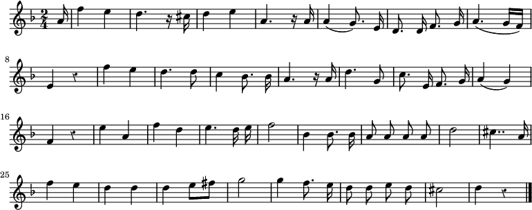 
\relative c'' {
  \override Rest #'style = #'classical
  \key d \minor
  \time 2/4
  \partial 16
  \autoBeamOff
  a16
  f'4 e
  d4. r16 cis
  d4 e
  a,4. r16 a
  a4( g8.) e16
  d8. d16 f8. g16
  a4.( g16[ f])

  e4 r
  f' e
  d4. d8
  c4 bes8. bes16
  a4. r16 a
  d4. g,8
  c8. e,16 f8. g16
  a4( g)
  f r

  e' a,
  f' d
  e4. d16 e
  f2
  bes,4 bes8. bes16
  a8 a a a
  d2
  cis4.. a16
  f'4 e

  d d
  d e8[ fis]
  g2
  g4 f8. e16
  d8 d e d
  cis2
  d4 r
  \bar "|."
}
