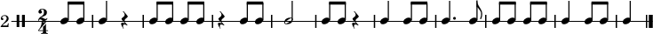 \new DrumStaff \with {
  instrumentName = \markup \huge {"2"}
} \drummode {
  \override Staff.StaffSymbol #'line-count = #1
  \override Score.MetronomeMark #'stencil = ##f
  \tempo 4 = 60
  \time 2/4
  \stemUp
  \partial 4 ssh8 ssh | ssh4 r | ssh8 ssh ssh ssh | r4 ssh8 ssh | ssh2 | ssh8 ssh r4 |
  ssh4 ssh8 ssh | ssh4. ssh8 | ssh8 ssh ssh ssh | ssh4 ssh8 ssh | ssh4
  \bar "|."
}