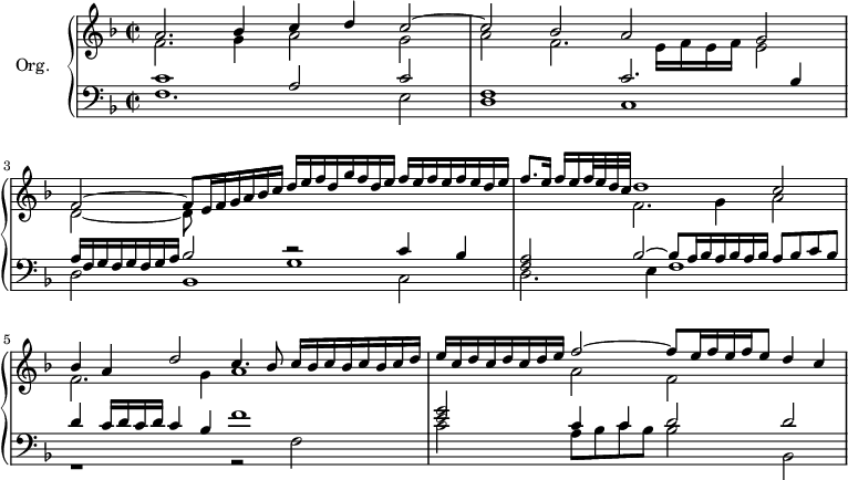 
\version "2.18.2"
\header {
  tagline=##f
}

%%%%%%%%%% KEYS %%%%%%%%%%%%%

global={ \time 2/1
           \set Staff.timeSignatureFraction=2/2
         }
Key={ \key f \major }

rhUpper=\relative c'' {
  \voiceOne
  \Key
  a2. bes4 c d c2~ c bes a g|f~ f8 e16 f g a bes c|d e f d g f d e f[ e f e f e d e]|f8.[ e16] f e f32 e d c d1 c2|bes4 a d2 c4. bes8 c16[ bes c bes c bes c d] e c d c d c d e f2~ f8 e16 f e f e8 d4 c
}
rhLower=\relative c' {
  \voiceTwo
  \Key
  f2. g4  a2 g a f2. e16 f e f e2|d2~ d8 s8 s4*7 f2. g4 a2 |f2. g4 a1 s2 a2 f
}

lhUpper=\relative c' {
  \voiceOne
  \Key
  c1 a2 c f,1 c'2. bes4 a16 f g f g f g a bes2 << { r2 c4 bes } \\ { g1 } >>|< f a >2 bes2~ bes8 a16 bes a bes a bes a8[ bes c bes]|d4 c16 d c d c4 bes f'1 < e g >2 c4 c  d2 d
}
lhLower=\relative c {
  \voiceTwo
  \Key
  f1. e2 d1 c|d2 bes1 c2 d2. e4 f1 r1 r2 f2 c'2 a8 bes c bes bes2 bes,~ 
}

PianoRH={
  \clef treble
  \global
  \set Staff.midiInstrument=#"trumpet"
  <<
    \new Voice="one" \rhUpper
    \new Voice="two" \rhLower
  >>
}
PianoLH={
  \clef bass
  \global
  \set Staff.midiInstrument=#"church organ"
  <<
    \new Voice="one" \lhUpper
    \new Voice="two" \lhLower
  >>
}

piano={
  <<
    \set PianoStaff.instrumentName=#"Org."
    \new Staff="upper" \PianoRH
    \new Staff="lower" \PianoLH
  >>
}

\score {
  \new PianoStaff <<
    \new PianoStaff="piano" \piano
  >>
  \layout {
    #(layout-set-staff-size 17)
    \override SpacingSpanner.common-shortest-duration=#(ly:make-moment 1/16)
    \context {
      \Score
      \remove "Metronome_mark_engraver"
    }
  }
  \midi { \tempo 2=64 }
}
