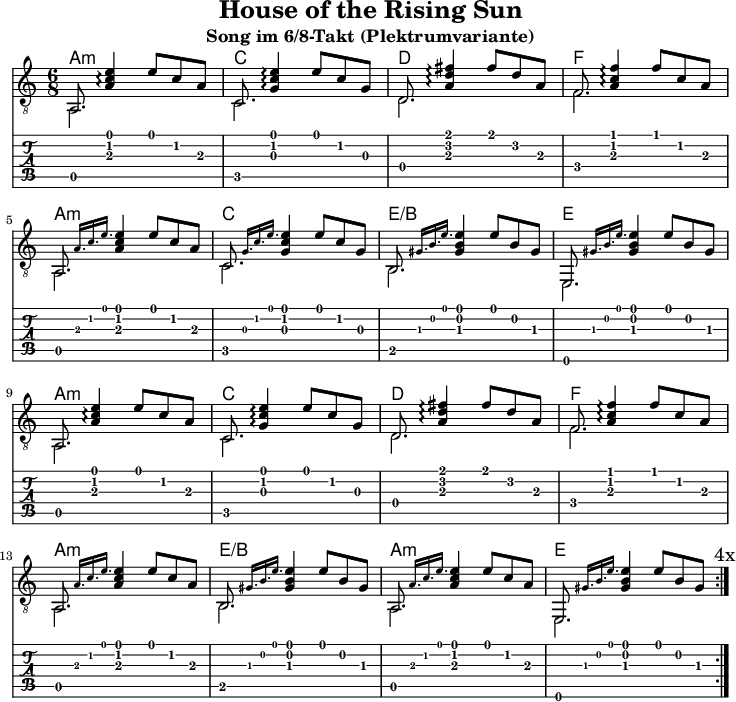 
\version "2.20.0"
\header {
  title="House of the Rising Sun"
  subtitle="Song im 6/8-Takt (Plektrumvariante)"
  encoder="mjchael"
}

myDiskant = {
  %% nachgestelltes arpeggio statt vorangestelltes grace
  a,8  <a c' e'  >4\arpeggio e'8   c' a  | % Am
  c8  <g c' e'  >4\arpeggio e'8   c' g  | % C
  d8  <a d' fis'>4\arpeggio fis'8 d' a  | % D
  f8  <a c' f'  >4\arpeggio f'8   c' a  | % F
  \break
  a,8 \grace { a16. c' e'}<a c' e'>4 e'8 c' a  | % Am
  c8  \grace {g16. c' e' }<g c' e'>4 e'8 c' g  | % C 
  b,8 \grace {gis16. b  e' }<gis b  e'>4 e'8 b  gis  | % E/B
  e,8 \grace { gis16. b  e'}<gis b  e'>4 e'8 b  gis  | % E
  \break
  a,8 <a c' e'  >4\arpeggio e'8   c' a  | % Am
  c8  <g c' e'  >4\arpeggio e'8   c' g  | % C
  d8  <a d' fis'>4\arpeggio fis'8 d' a  | % D
  f8  <a c' f'  >4\arpeggio f'8   c' a  | % F
  \break
  a,8 \grace { a16. c' e'}<a c' e'>4 e'8 c' a  | % Am
  b,8 \grace { gis16. b  e'}<gis b  e'>4 e'8 b  gis  | % E/B
  a,8 \grace {a16. c' e' }<a c' e'>4 e'8 c' a  | % Am
  e,8 \grace {gis16. b  e' }<gis b  e'>4 e'8 b  gis  | % E
  \mark "4x"
}

myBass = {
  a,2. c d f
  a, c b, e,
  a, c d f
  a, b, a, e,
}
%% Layout
\score {
  <<
    \new ChordNames {
      \chordmode {
        a2.:m c d f
        a:m c e:/b e
        a:m c d f
        a:m e:/b a:m e
      }
    }
    {
      %Noten
      \new Staff  <<
        \tempo 4 = 120
        %Tempo ausblenden
        \set Score.tempoHideNote = ##t
        \time 6/8
        \key a \minor
        \set Staff.midiInstrument = #"acoustic guitar (nylon)"
        \clef "G_8"
        \repeat volta 4     \mergeDifferentlyHeadedOn      \mergeDifferentlyDottedOn
        \myDiskant
        \\
        \repeat volta 4
        \myBass
      >>
    }
    % Tabulatur
    \new TabStaff {
      %% 2x Notenhälse bei ½ Noten verwirren.
      % \tabFullNotation 
      \repeat volta 4
      <<
        \myDiskant
        \\
        \myBass
      >>
    }
  >>
  \layout {}
}
%% Midiausgabe mit Wiederholungen, ohne Akkorde
\score {
  <<
    \unfoldRepeats {
      \new Staff  <<
        \tempo 4 = 120
        \time 6/8
        \key c \major
        \set Staff.midiInstrument = #"acoustic guitar (nylon)"
        \clef "G_8" \repeat volta 4
        \myDiskant
        \\
        \repeat volta 4
        \myBass
      >>
    }
  >>
  \midi {}
}
% unterdrückt im raw="!"-Modus das DinA4-Format.
\paper {
  indent=0\mm
  % DinA4 0 210mm - 10mm Rand - 20mm Lochrand = 180mm
  line-width=180\mm
  oddFooterMarkup=##f
  oddHeaderMarkup=##f
  % bookTitleMarkup=##f
  scoreTitleMarkup=##f
}
