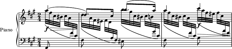 
\version "2.14.2"
\header {
  tagline = ##f
}
upper = \relative c'' {
  \clef treble 
  \key a \major
  \time 2/4
  \tempo 8 = 80
  %\autoBeamOff
   \override TupletBracket #'bracket-visibility = ##f

   \partial 4 << { a'4\f\>( d,8.\!) cis16 } \\ { a'32[( fis cis bis] cis[ a \change Staff = "lower" \stemUp fis cis]) \change Staff = "upper" \stemDown d'32[( a fis eis] fis[ d \change Staff = "lower" \stemUp a fis]) } >>
   << { b''8.( a16) } \\ { \change Staff = "upper" b32[( gis cis, bis] cis32[ b! \change Staff = "lower" \stemUp gis cis,]) } >>
   << { a''4 } \\ { \change Staff = "upper" a32[( fis cis bis] cis32[ a \change Staff = "lower" \stemUp fis cis]) } >>
   << { cis''4\f } \\ { \change Staff = "upper" cis32[(\> a fis eis] fis32[ cis \clef treble \change Staff = "lower" \stemUp a fis])\! } >>
}

lower = \relative c {
  \clef bass
  \key a \major
  \time 2/4
   
   fis,8 s8 fis'8 s8 eis8 s8 fis8 s8 a8
   
} 

\score {
  \new PianoStaff <<
    \set PianoStaff.instrumentName = #"Piano"
    \new Staff = "upper" \upper
    \new Staff = "lower" \lower
  >>
  \layout {
    \context {
      \Score
      \remove "Metronome_mark_engraver"
    }
  }
  \midi { }
}
