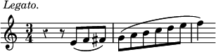  %p176s1
\relative c' {
\time 3/4 
\once \override TextScript #'extra-offset = #'(-8.0 . 2.0)
\override Rest #'style = #'classical
r4^\markup {\italic {Legato.}} 
r8 e8( f fis) | g( a b c d e | f4)
}
