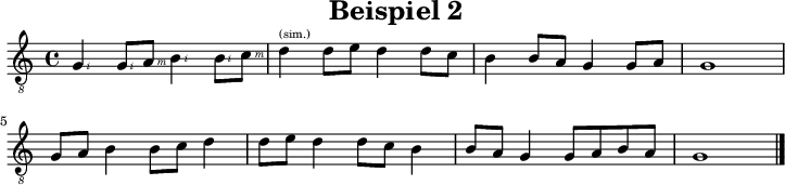 
\version "2.20.0"
\header {
  title="Beispiel 2"
  encoder="mjchael"
}
%% Diskant- bzw. Melodiesaiten
Diskant = \relative c' {
  g4\rightHandFinger #2 8\rightHandFinger #2 a\rightHandFinger #3 b4\rightHandFinger #2 8\rightHandFinger #2 c\rightHandFinger #3 | d4^\markup { \teeny (sim.) }  8 e d4 8 c |
  b4 8 a g4 8 a | g1 \break
  g8 a b4 b8 c d4 | d8 e d4 d8 c b4 |
  b8 a g4 g8 a b a | g1
  \bar "|."
}

%% Layout- bzw. Bildausgabe
\score {
  <<
%{ Akkorde sind auskommentiert
    \new ChordNames {
      \chordmode {
        c1 c1
      }
    }
%}
    {
      %% Noten
      \new Staff  <<
        \tempo 4 = 120
        %% Tempo für die kurzen Beispiele ausblenden
        \set Score.tempoHideNote = ##t
        \time 4/4
        \key c \major
        \set Staff.midiInstrument = #"acoustic guitar (nylon)"
        \clef "G_8"
        %% Noten im Diskant
        \Diskant
      >>
    }
  >>
  \layout {}
}
\score {
  <<
    \unfoldRepeats {
      \new Staff  <<
        \tempo 4 = 120
        \time 4/4
        \key c \major
        \set Staff.midiInstrument = #"acoustic guitar (nylon)"
        \clef "G_8"
        \Diskant
      >>
    }
  >>
  \midi {}
}
%% unterdrückt im raw="!"-Modus das DinA4-Format.
\paper {
  indent=0\mm
  %% DinA4 = 210mm - 10mm Rand - 20mm Lochrand = 180mm
  line-width=180\mm
  oddFooterMarkup=##f
  oddHeaderMarkup=##f
  % bookTitleMarkup=##f
  scoreTitleMarkup=##f
}
