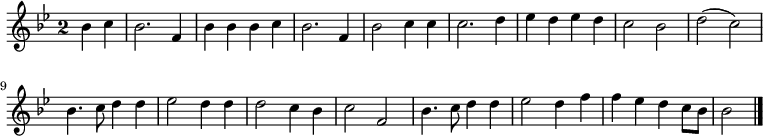 
\relative c'' {
  \key bes \major
  \override Staff.TimeSignature #'style = #'single-digit
  \time 2/2
  \partial 2
  \autoBeamOff
  bes4 c
  bes2. f4
  bes4 bes bes c
  bes2. f4
  bes2 c4 c
  c2. d4
  ees d ees d
  c2 bes
  d( c)
  bes4. c8 d4 d
  ees2 d4 d
  d2 c4 bes
  c2 f,
  bes4. c8 d4 d
  ees2 d4 f
  f ees d c8[ bes]
  bes2
  \bar "|."
}
