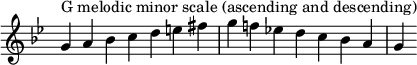  {\n\\omit Score.TimeSignature\\relative c'' {\n  \\key g \\minor \\time 7/4 g^"G melodic minor scale (ascending and descending)" a bes c d e fis g f! es! d c bes a g\n} }\n