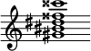 {
  % Rivin lopun pystyviiva ja tahtiosoitus piiloon.
  \override Score.BarLine.break-visibility = ##(#f #t #t)
  \override Staff.TimeSignature #'stencil = ##f
  
  <gis' bis' dis'' fisis'' cisis'''>1
}
