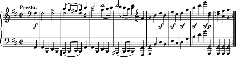 \relative c { \new PianoStaff <<  \new Staff {   \key b \minor \time 2/2 \set Score.tempoHideNote = ##t \tempo "Presto." 4=250 \partial 4.   s8 \clef bass fis4 fis2 <b fis>   << { cis4( b8 ais b4) d d2 fis fis fis4 }   \\ { fis,2 fis4 d\rest b'2 b4( cis8 d) e4( d8 cis d4) } >> \clef treble fis4   g b d b e cis d g b d g <d, b> <e c> <fis a,> <g g,> \bar ":|."  }  \new Dynamics {   s8 s4\f s1 s s s s2 s\sf s\sf s\sf s\sf s4\sf s\p  }  \new Staff { \key b \minor \time 2/2 \clef bass   s8 fis,,,4 fis b, d b ais( b8 cis b4) fis' fis b, d b ais( b8 cis b4) <fis' fis,>   <g g,> b d b e cis d g b d g <g,, g,> <g g,> q q  } >>}