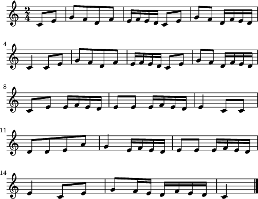 
\version "2.18.2"
\relative c'{
  \time 2/4
  \partial 8*2
  c8 e g[ f d f] | e16 f e d c8 e | g f d16 f e d | \break
  c4 c8 e | g[ f d f] | e16 f e d c8 e | g f d16 f e d | \break
  c8 e e16 f e d | e8 e e16 f e d | e4 c8 c | \break
  d[ d e a] | g4 e16 f e d | e8 e e16 f e d | \break
  e4 c8 e | g f16 e d f e d | c4 \bar "|."
}
\layout {
  indent = #00
  line-width = #123
}
\header { tagline = ##f }
