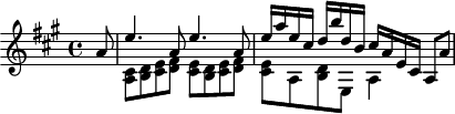 
\version "2.18.2"
\header {
  tagline = ##f
}

\score {
  \new Staff \with {

  }
<<
  \relative c'' {
  \key a \major
  \time 4/4

     %% INCIPIT K. DEEST 
     \partial 8 << { a8 | e'4. a,8 e'4. a,8 | e'16 a e cis d b' d, b cis a e cis a8 a' } 
     \\ { s8 < a, cis >8 < b d > < cis e > < d fis > < cis e > < b d > < cis e > < d fis > | < cis e > a < b d > e, a4 } >>

  }
>>
\layout{
    #(layout-set-staff-size 17)
     \context { \Score \remove "Metronome_mark_engraver" 
     \override SpacingSpanner.common-shortest-duration = #(ly:make-moment 1/2)
}
  }
  \midi {}
}
