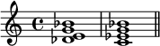  {
    \relative c' {
        \time 4/4
        <des e g bes>1 <c es g bes> \bar "||"
    }

}
