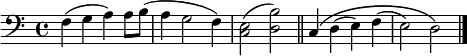 
{
\clef bass

f4( g a) a8 b(
a4 g2 f4)
<c e>2( <b d>2)

\bar "||"

c4\( d( e) f(
e2) d\)

\bar "|."
}
