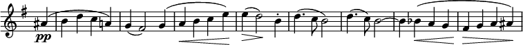  \relative c' \new Staff \with { \remove "Time_signature_engraver" } {
         \key e \minor \time 4/4 \partial 4
          ais'4\pp( b d c a!) g( fis2) g4( a\< b c  e\!) e\>( d2\!) b4-. d4.( c8 b2) d4.( c8) b2~ b4 bes\<( a g fis\> g a ais\!) }
