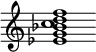 {
  % Rivin lopun pystyviiva ja tahtiosoitus piiloon.
  \override Score.BarLine.break-visibility = ##(#f #t #t)
  \override Staff.TimeSignature #'stencil = ##f
  
  <ees' g' bes' c'' d'' f''>1
}
